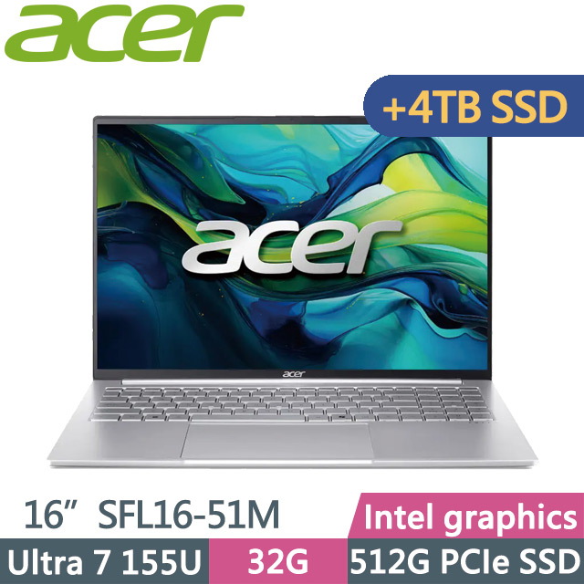 ACER 宏碁 Swift Lite SFL16-51M-74W7 銀(Ultra 7 155U/32G/512G+4TB/16吋WUXGA/W11)特仕