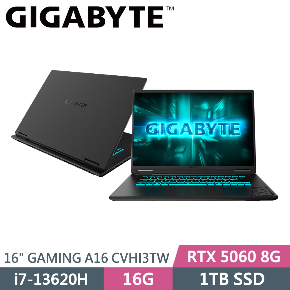 GIGABYTE 技嘉 GAMING A16 CVHI3TW894SH 黑(i7-13620H/16G/1TB SSD/RTX5060 8G/W11/16)筆電