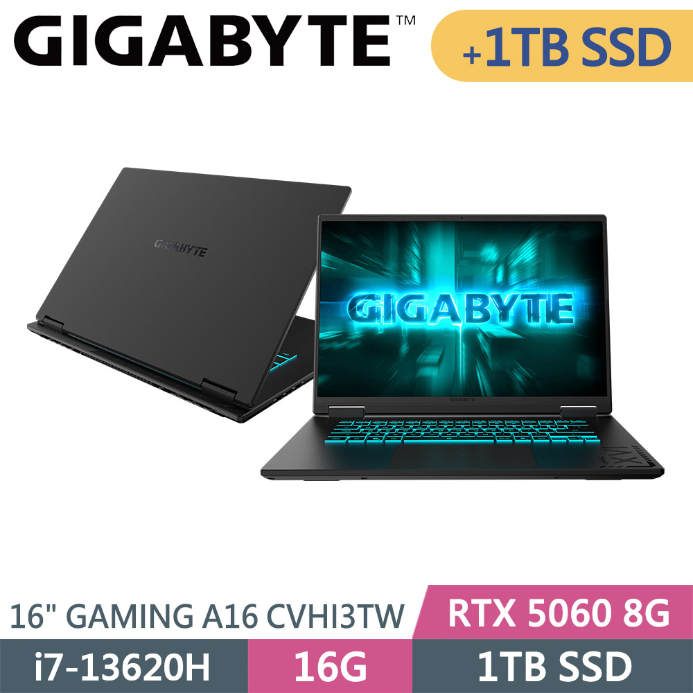 GIGABYTE 技嘉 GAMING A16 CVHI3TW894SH-SP4 黑(i7-13620H/16G/1TB+1TB/RTX5060 8G/W11/16)特仕筆電