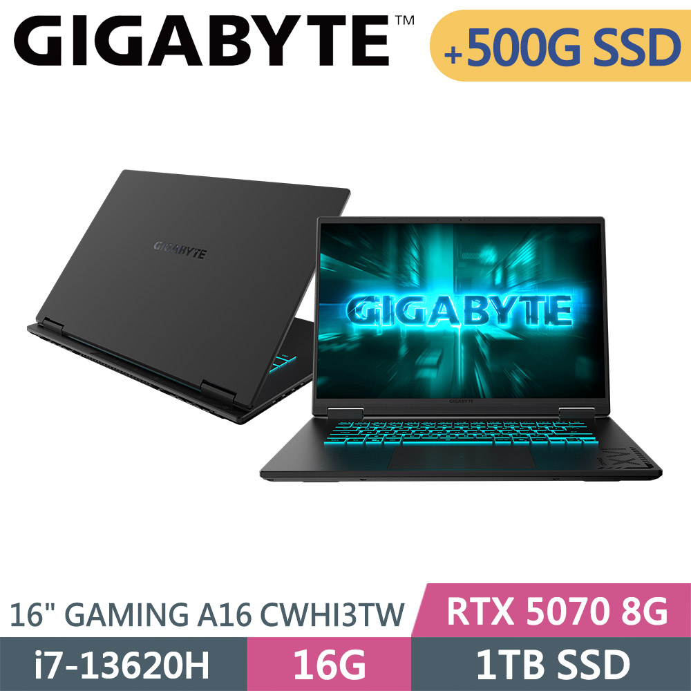 GIGABYTE 技嘉 GAMING A16 CWHI3TW894SH-SP2 黑(i7-13620H/16G/1TB+500G/RTX5070 8G/W11/16)特仕筆電