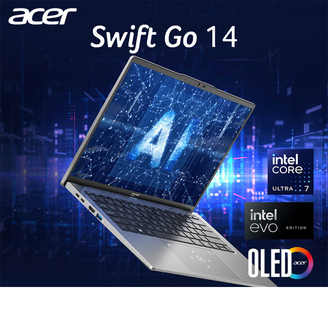 【2024家用版】ACER Swift GO SFG14-73-731T 銀(Ultra 7 155H/16G/512G PCIe/W11/2.8K OLED/14)