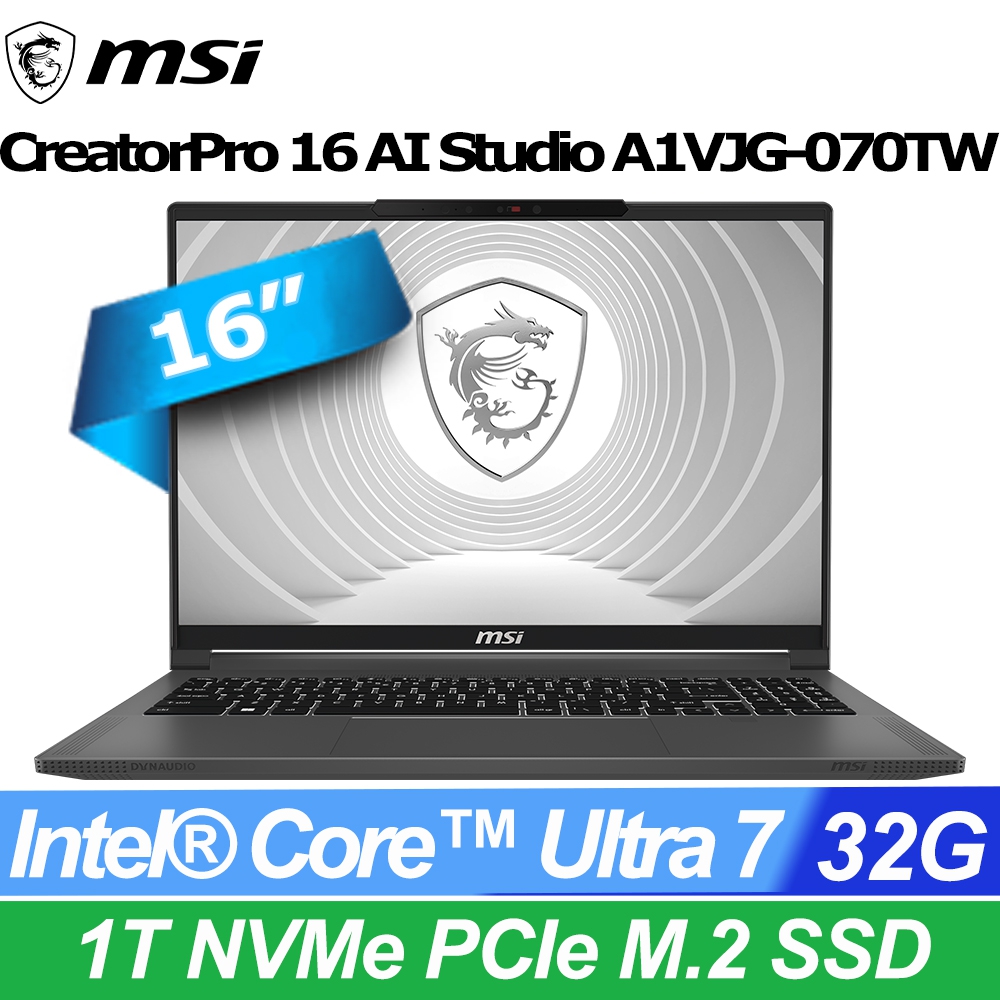MSI 微星 CreatorPro 16 AI Studio 16吋 AI繪圖筆電黑色(Ultra 7 155H/32GB/2TB/RTX A200-8G/WIN11PRO/A1VJG-070TW)