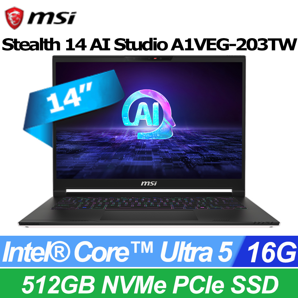 MSI 微星 Stealth 14 AI Studio 14吋 電競筆電黑(Core Ultra 5 135H/16GB/512GB/RTX4050-6G/W11/A1VEG-203TW)