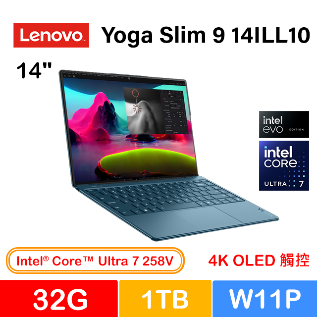 Lenovo 聯想 Yoga Slim 9 輕薄筆電，搭載 14 吋 OLED WQUXGA 3840x2400 解析度螢幕，Intel Core Ultra 7 258V 處理器、32GB LPDDR5X 記憶體與 1TB SSD 儲存，提供高效能與流暢體驗。綠色系設計，僅 1.23kg 輕盈機身，內建 FHD 1080p 攝影機、Wi-Fi 7 連線、Windows 11 Pro 系統及指紋辨識。適合商務與創作者，三年保固保障。