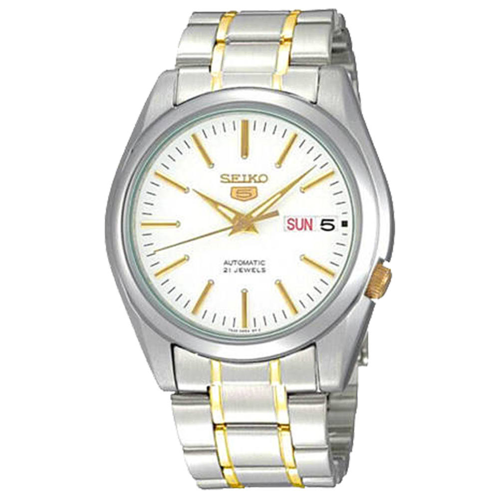 SEIKO精工 半金經典5號自動上鍊機械腕錶-白+金x37mm SNKL47J1