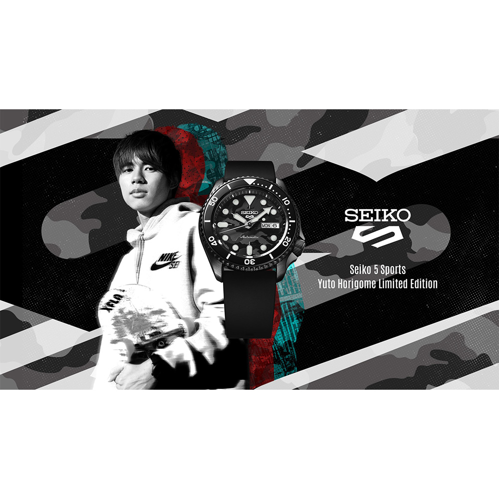 【SEIKO】【愛時】日本精工 盾牌5系列 奧運滑板金牌堀米雄斗限量聯名款迷彩錶盤自動機械錶-SBSA175