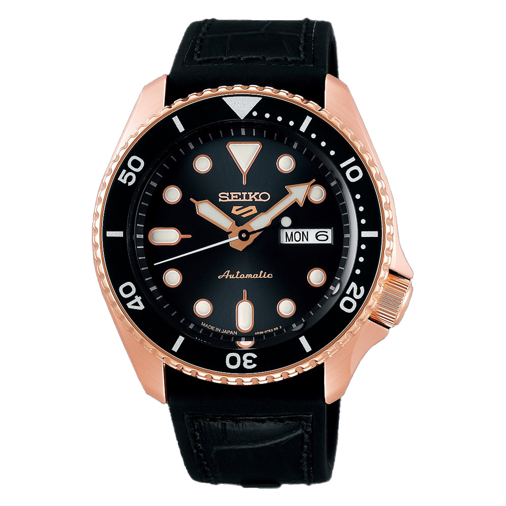 【愛時】SEIKO 日本精工 盾牌5系列 亮眼玫瑰金殼日期星期顯示三針自動機械腕錶-SBSA028