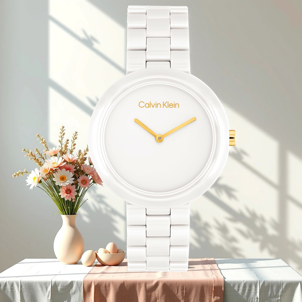 Calvin Klein CK Pure 簡約雙針陶瓷女錶-34mm(25100072)