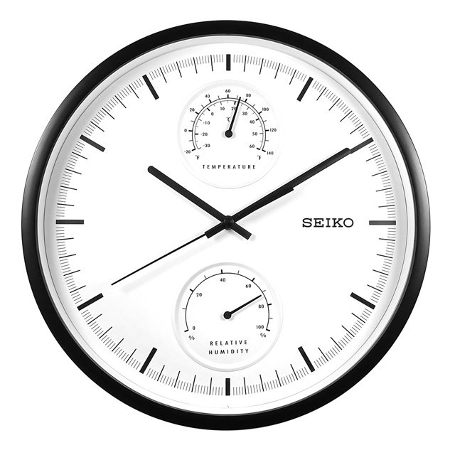 SEIKO 精工 / 兩眼造型 溫度 溼度 滑動式秒針 餐廳客廳臥室 靜音掛鐘 - 白x黑框 ＃QXA525K