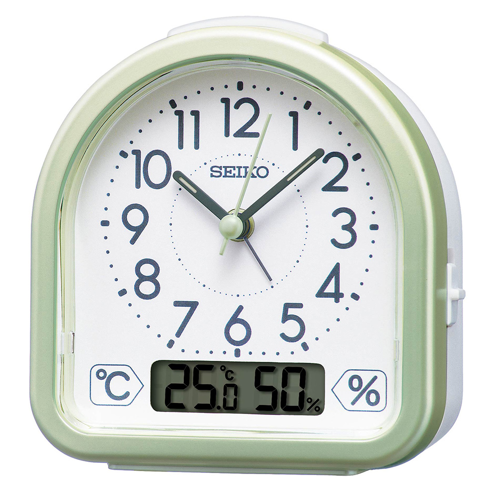 SEIKO精工 指針電子雙顯 溫濕度 貪睡靜音鬧鐘-薄荷綠 QHE191M
