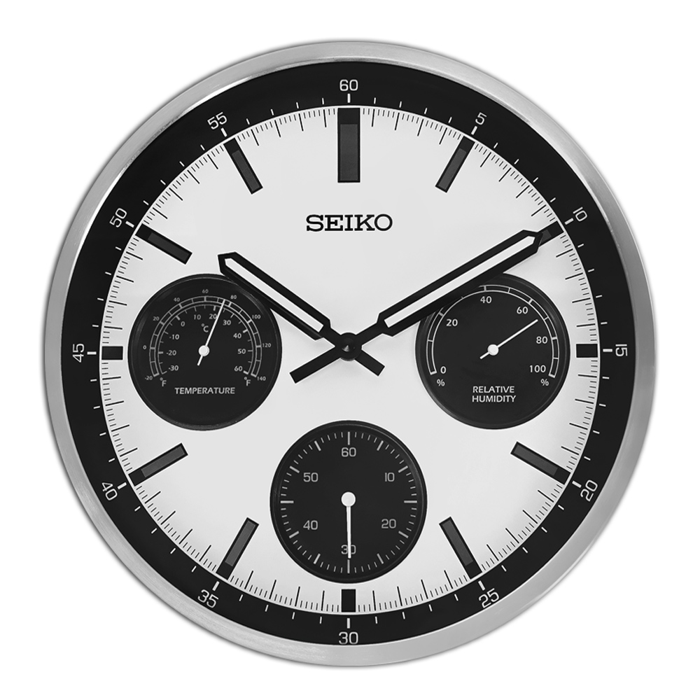 SEIKO 精工 / 33cm 熊貓錶造型溫度溼度滑動式秒針餐廳客廳臥室掛鐘-白黑x銀框＃QXA823S