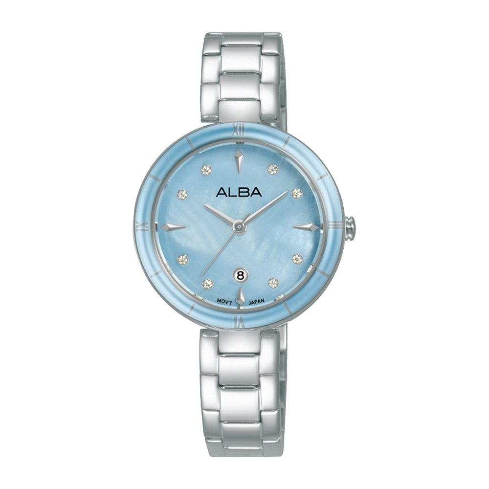 ALBA 雅柏 經典珍珠貝時尚晶鑽女錶-銀藍色/30mm (AH7AX1X1/VJ22-X384B)