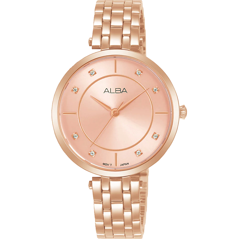 ALBA 雅柏 簡約晶鑽女錶-玫瑰金x粉/32mm(ARX074X1/Y121-X160P)