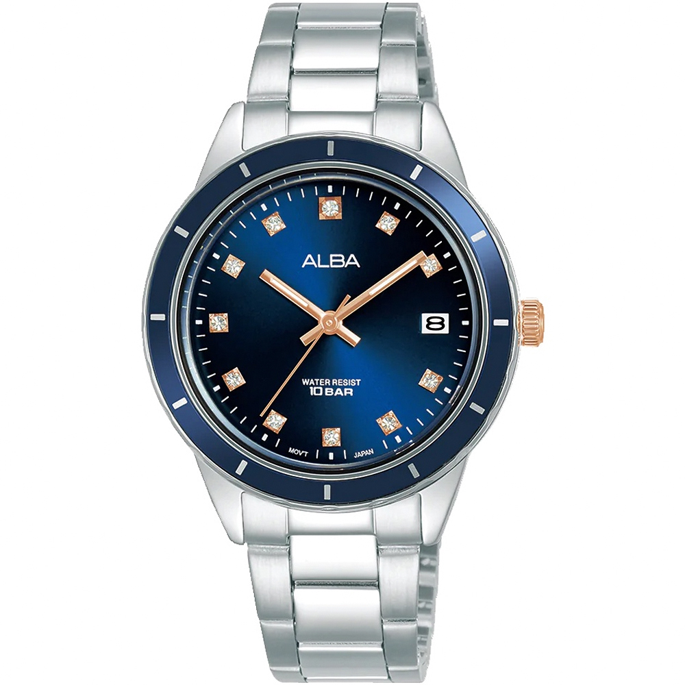 ALBA 雅柏 簡約晶鑽女錶-銀x藍/34mm(AG8M87X1/VJ32-X333B)