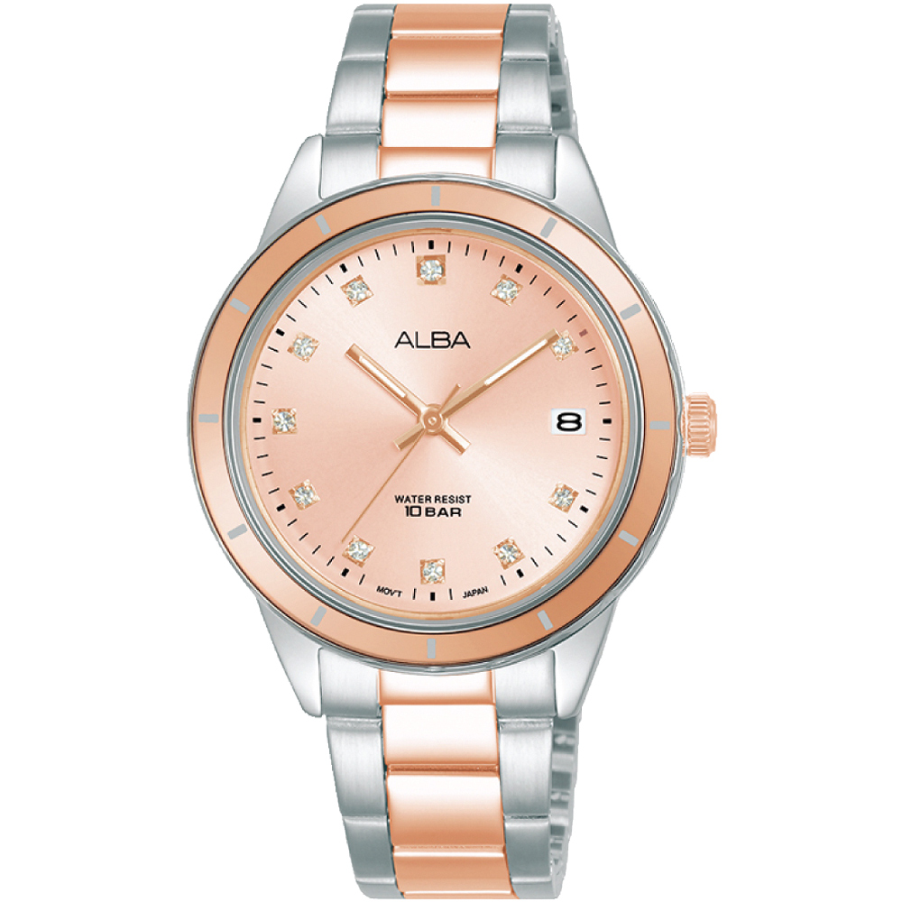 ALBA 雅柏 簡約晶鑽女錶-銀x粉紅金/34mm(AG8M83X1/VJ32-X333P)