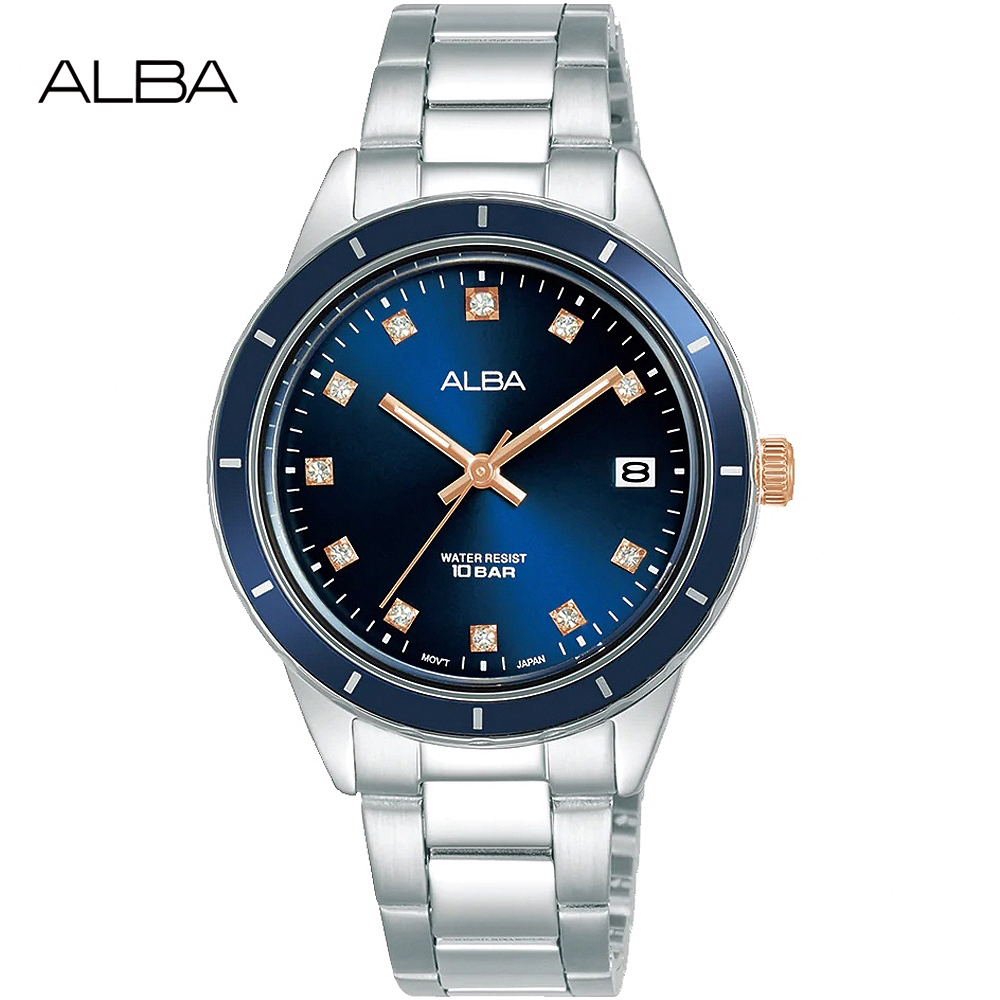 ALBA 雅柏 唯美時尚晶鑽腕錶/藍X銀/34mm (VJ32-X333B/AG8M87X1)