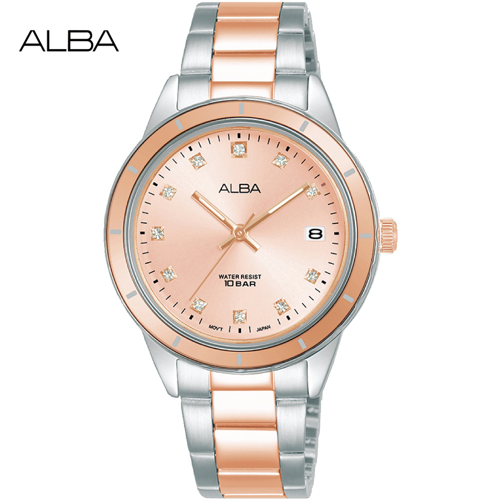 ALBA 雅柏 唯美時尚晶鑽腕錶/銀X玫瑰金/34mm (VJ32-X333P/AG8M83X1)