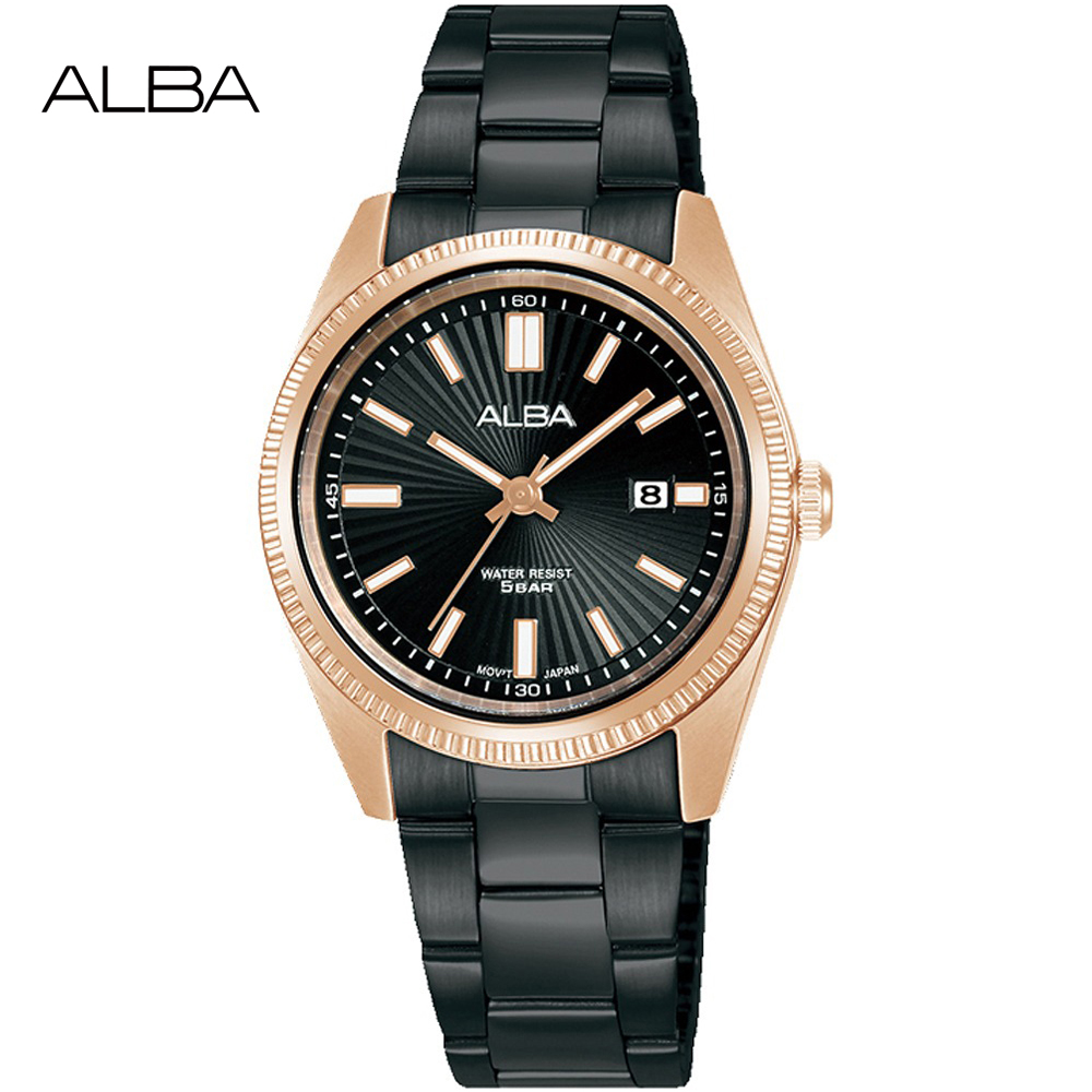 ALBA 雅柏 太陽紋簡約時尚腕錶/黑X玫瑰金/30mm (VJ22-X409SD/AH7CW4X1)