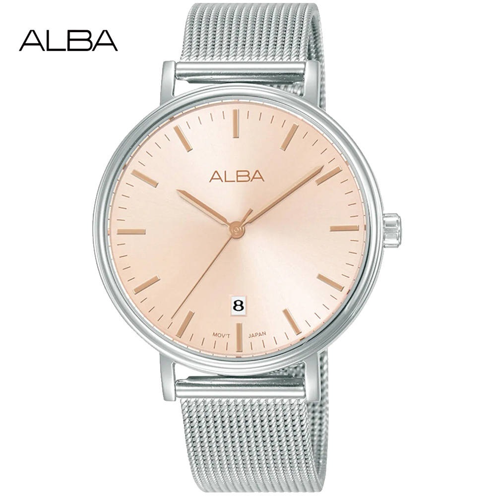 ALBA 雅柏 簡約時尚米蘭帶氣質腕錶/粉橘X銀/36mm (VJ32-X342P/AG8N81X1)