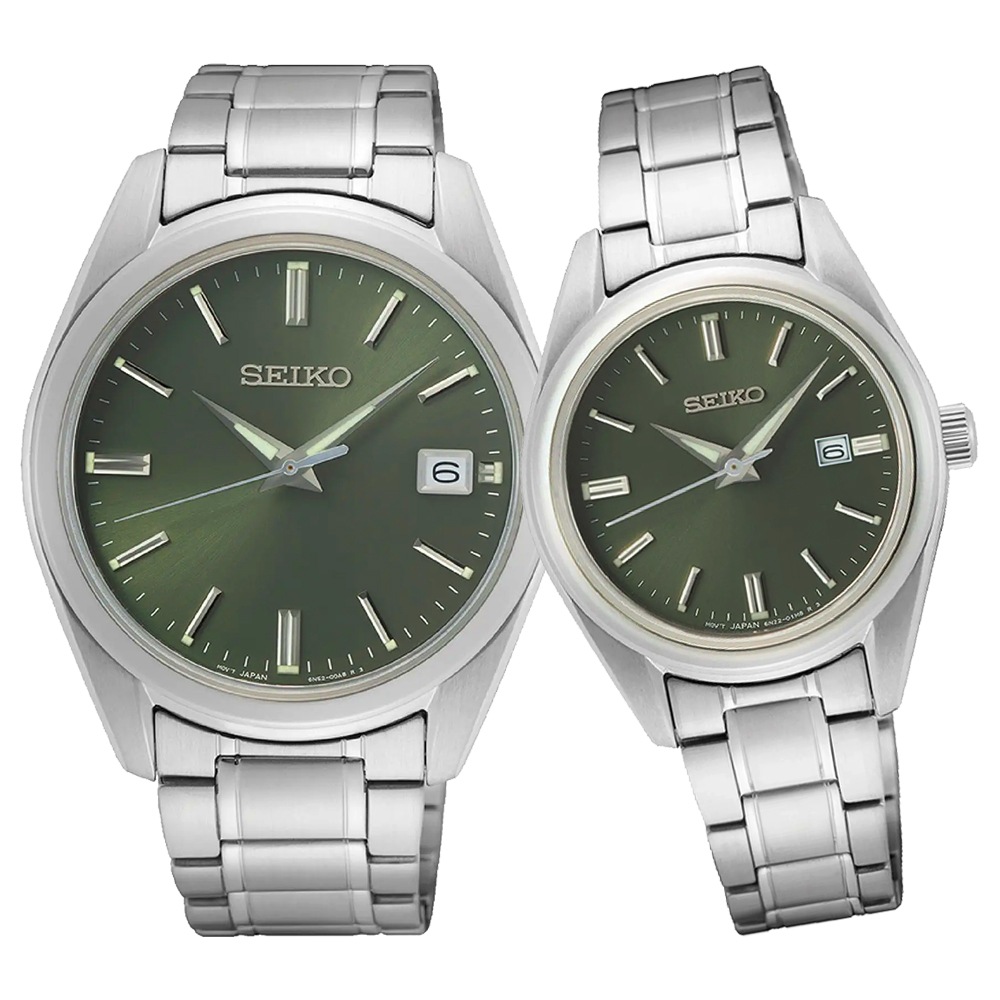 SEIKO 精工 CS系列簡約大三針時尚對錶/綠 (6N52-00A0G+6N22-00K0G)