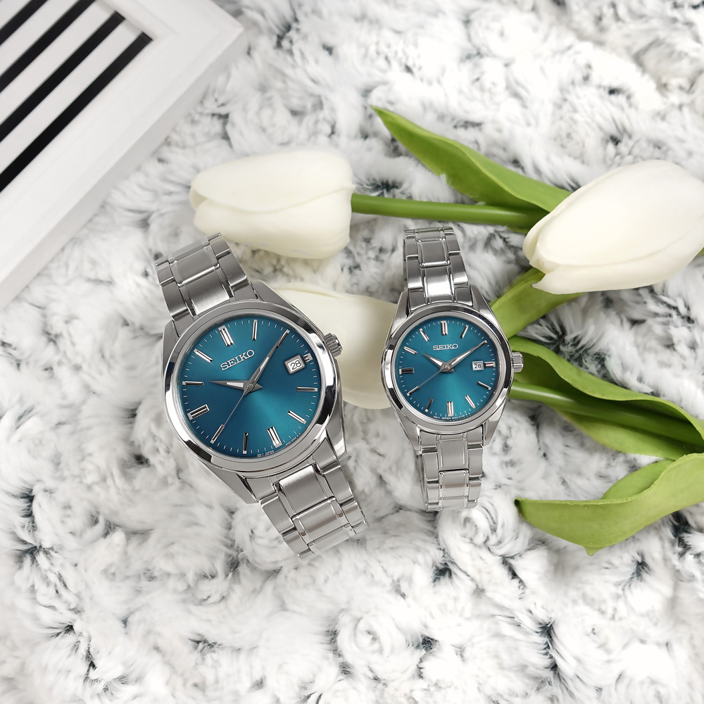 SEIKO 精工 / 簡約風格 日期 防水100米 不鏽鋼手錶 情人對錶 湖水藍色 40mm+30mm