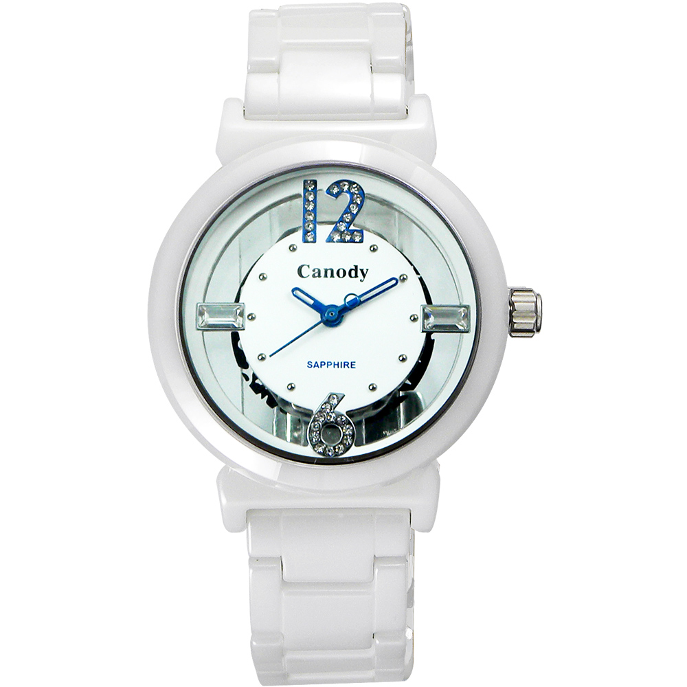 Canody 時尚雙面鏤空晶鑽陶瓷錶/藍/35mm/CB1218-1B