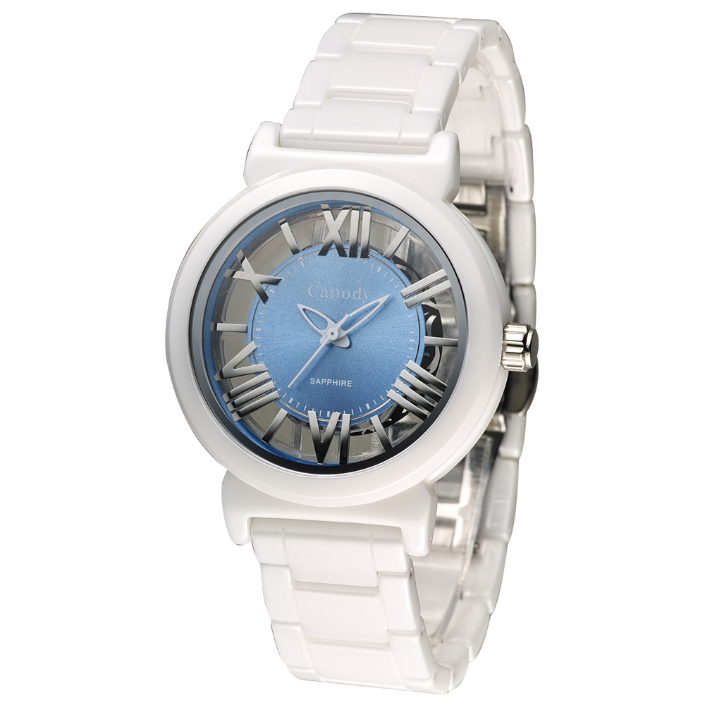 Canody 羅馬時尚雙面鏤空陶瓷錶/藍面/35mm/CB1220-1C