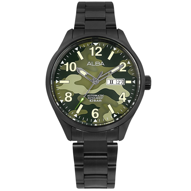 ALBA / Y676-X039SD.AL4313X1 / 迷彩風 機械錶 星期日期 防水 不鏽鋼手錶 迷彩綠x鍍黑 42mm