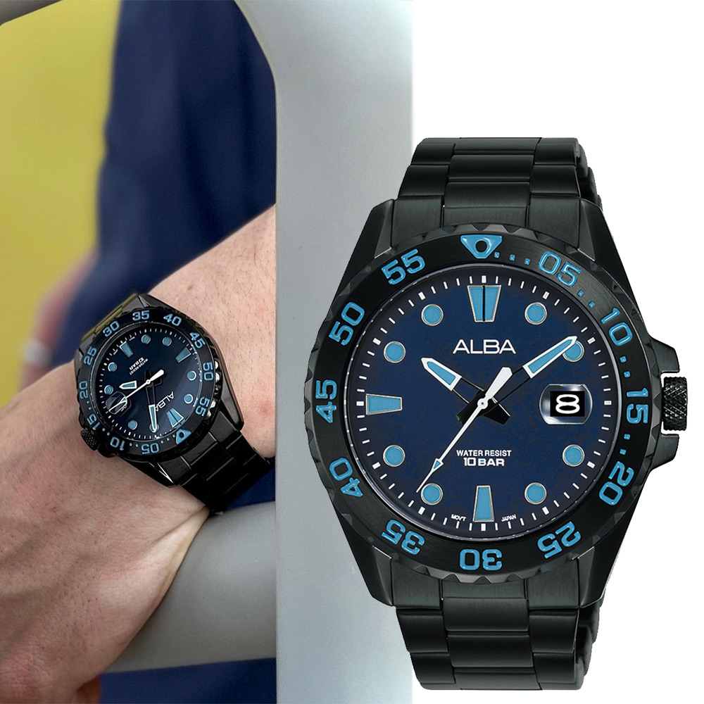 ALBA 雅柏 經典運動潛水造型手錶-42mm/黑x藍 (AS9N27X1/VJ42-X322B)