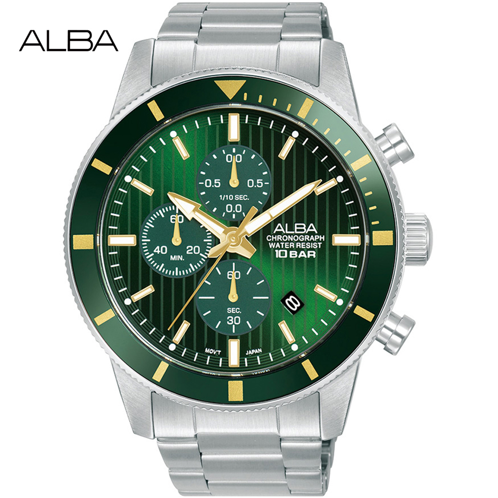 ALBA 雅柏 運動風時尚三眼計時錶/綠X銀/45mm (VD57-X217G/AM3953X1)