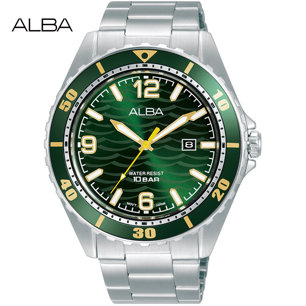 ALBA 雅柏 潛水風格海浪紋時尚腕錶/綠/44mm (VJ32-X339G/AG8N39X1)