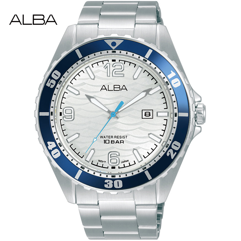 ALBA 雅柏 潛水風格海浪紋時尚腕錶/銀X藍/44mm (VJ32-X339S/AG8N53X1)