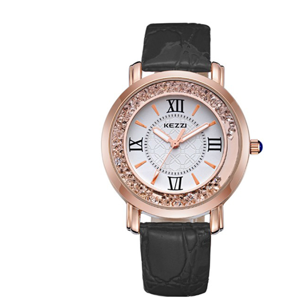 【17mall】珂紫KEZZI 羅馬復古創意流沙水鑽皮帶石英手錶-黑