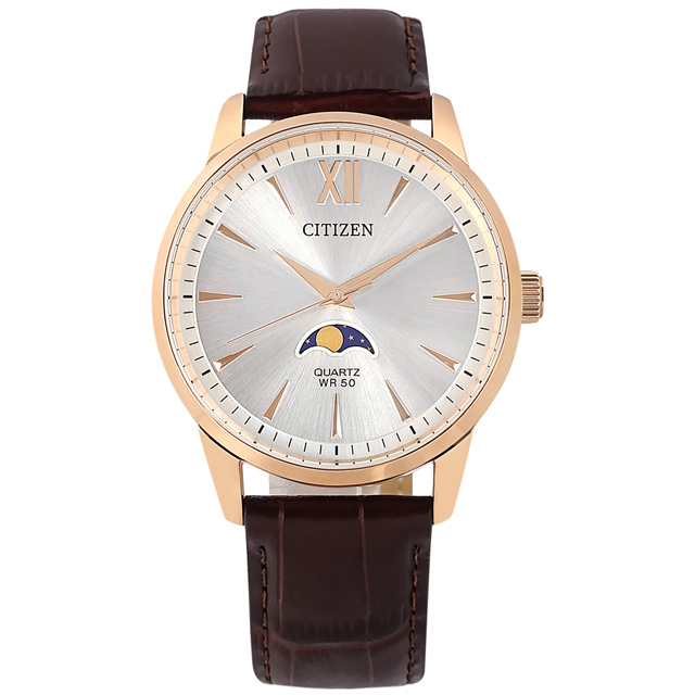 CITIZEN / AK5003-05A / 月相錶 優雅紳士 真皮壓紋手錶 銀x玫瑰金框x深褐 42mm