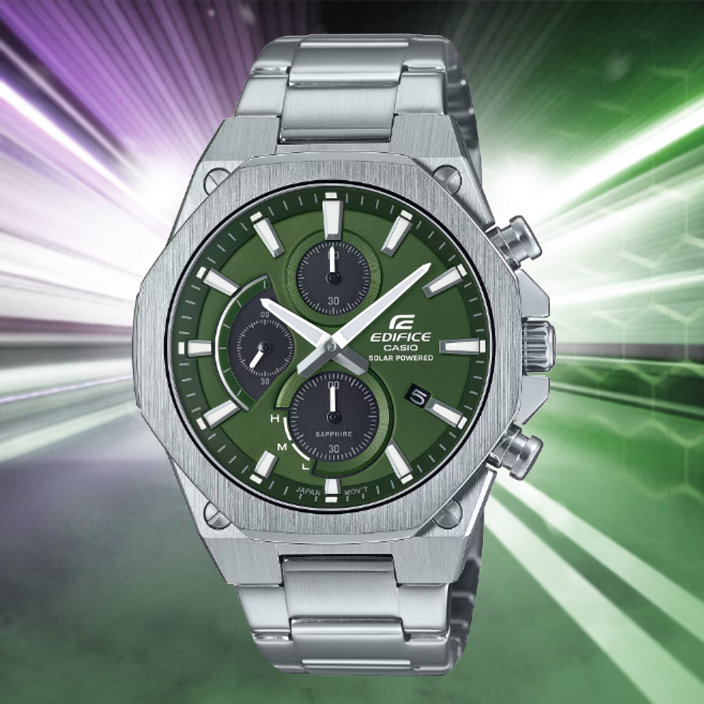 CASIO 卡西歐 EDIFICE 太陽能 輕薄 運動三眼計時錶-綠 EFS-S570D-3A