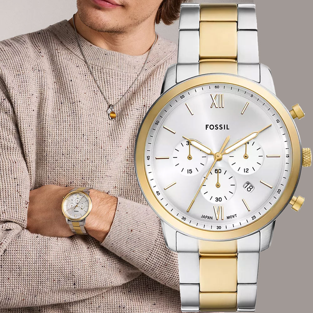 FOSSIL Neutra 復古紳士計時手錶-銀x金/44mm FS6112
