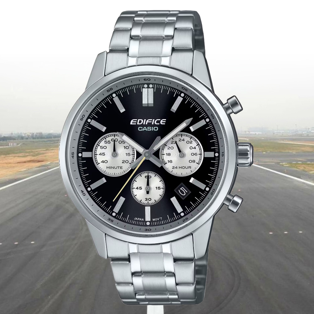 CASIO 卡西歐 EDIFICE 計時碼錶 凸面圓頂玻璃 運動風手錶-黑 EFR-575D-1A