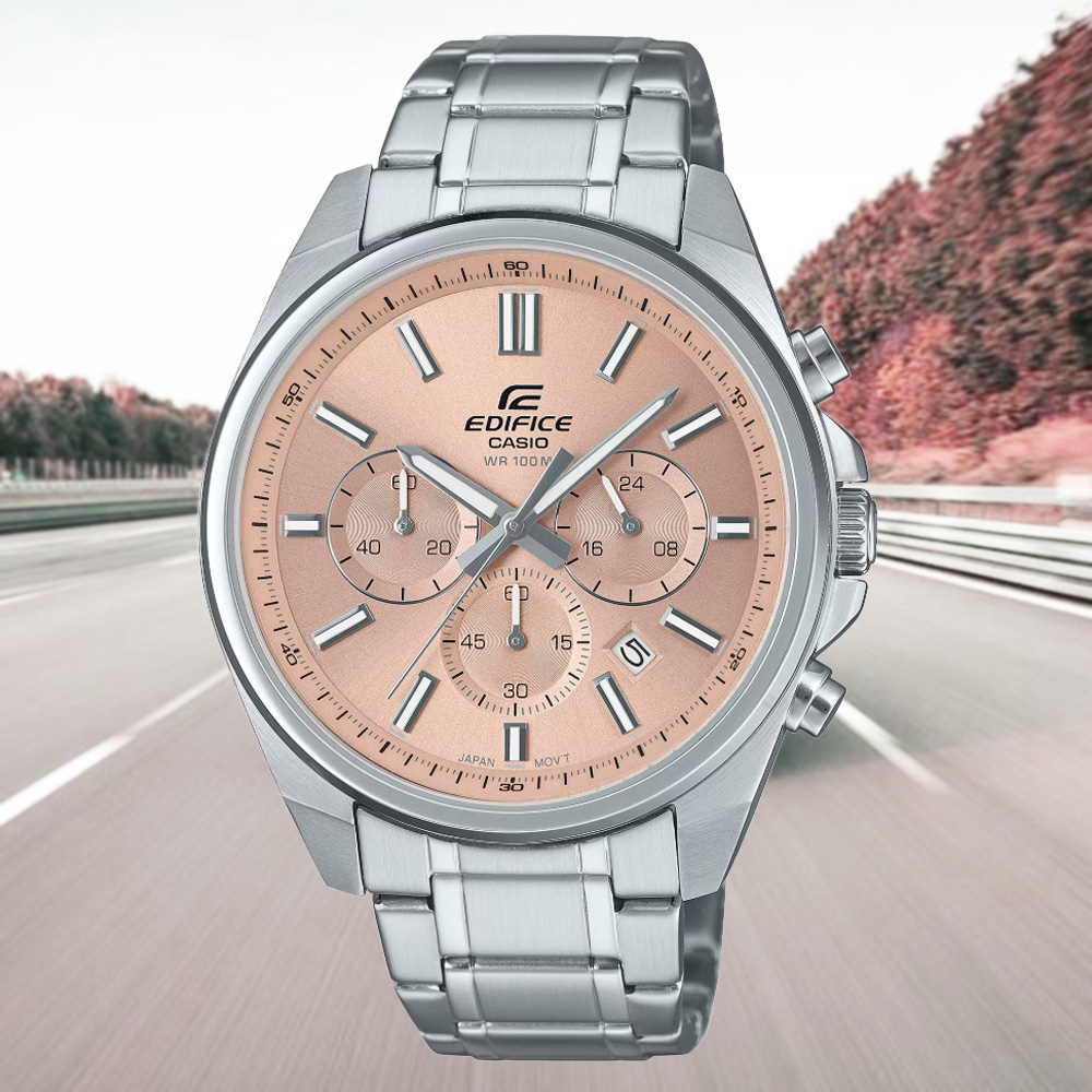 CASIO 卡西歐 EDIFICE 碼錶計時 三眼 不鏽鋼腕錶-粉 EFV-650D-4AV