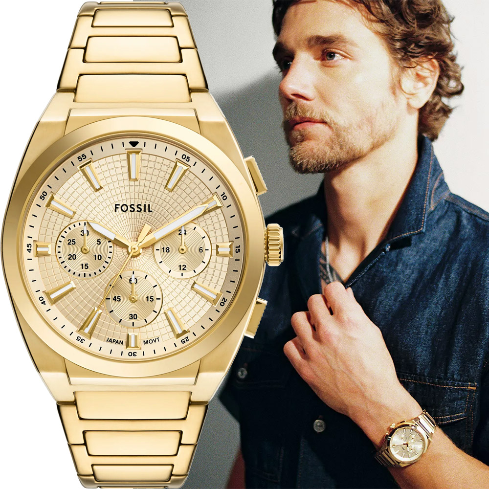 FOSSIL Everett 時尚三眼計時手錶-金/44mm FS6119