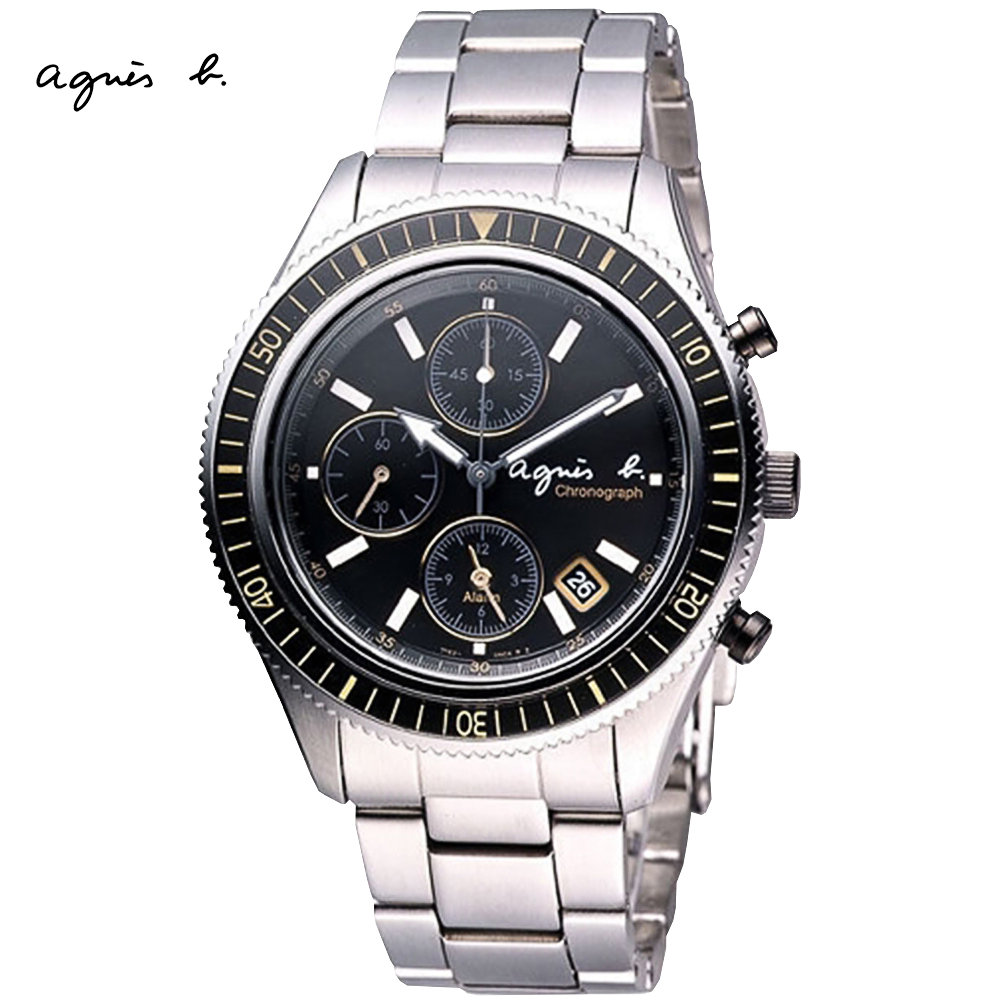 agnes b. 簡約時尚三眼計時錶/黑/40mm (7T62-0JX0D/BF3002P1)