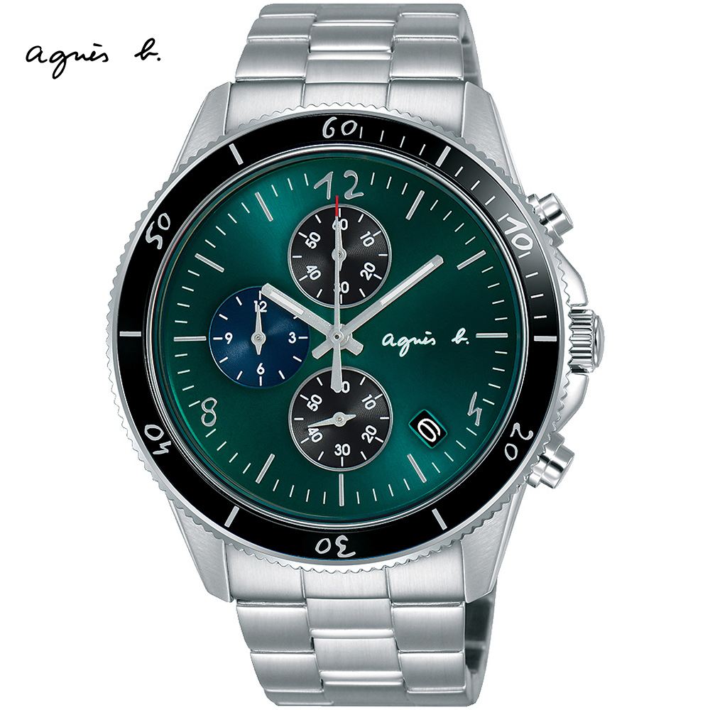 agnes b. 運動風三眼計時腕錶/綠/43mm (VK67-KXB0G/B7A005X1)