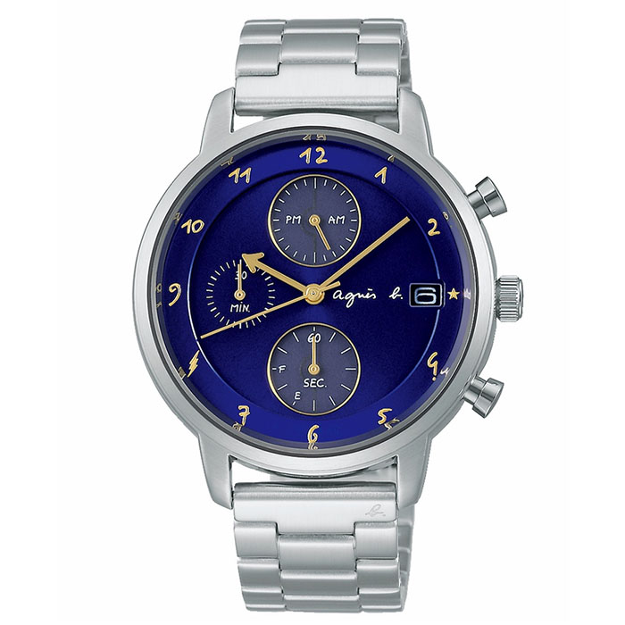 【agnes b.】BZ6007X1 手寫風 數字 太陽能 日期顯示 鋼錶帶 計時男錶 VR43-KMJ0B 藍/銀 40mm