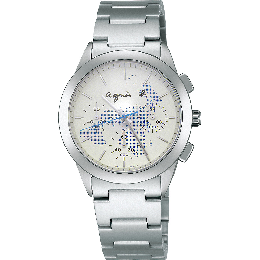 agnes b. 全球旅行世界地圖三眼計時中性錶(BWY059P1)-藍/37mm