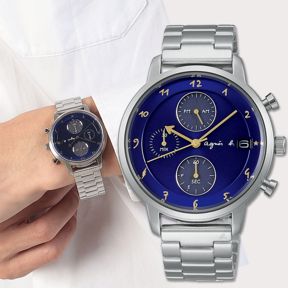 【agnes b.】紳士太陽能計時手錶-藍/40mm(VR43-KMJ0B BZ6007X1)