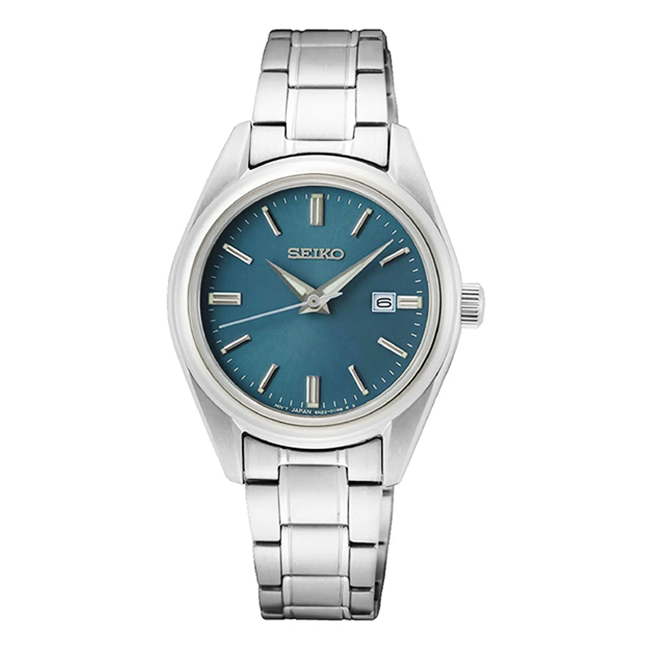 【SEIKO】精工 SUR531P1 簡約三針 日期顯示 藍寶石鏡面 鋼錶帶女錶 淺藍/銀 6N22-00K0G