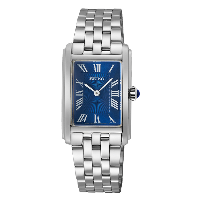 【SEIKO】精工 SWR085P1 簡約復古 羅馬字 鋼錶帶 方形女錶 4N30-00M0B 藍/銀