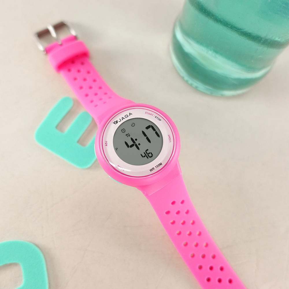 JAGA 捷卡 / M1214-G / 電子運動冷光照明計時碼錶鬧鈴防水100米透氣矽膠手錶 粉色 36mm