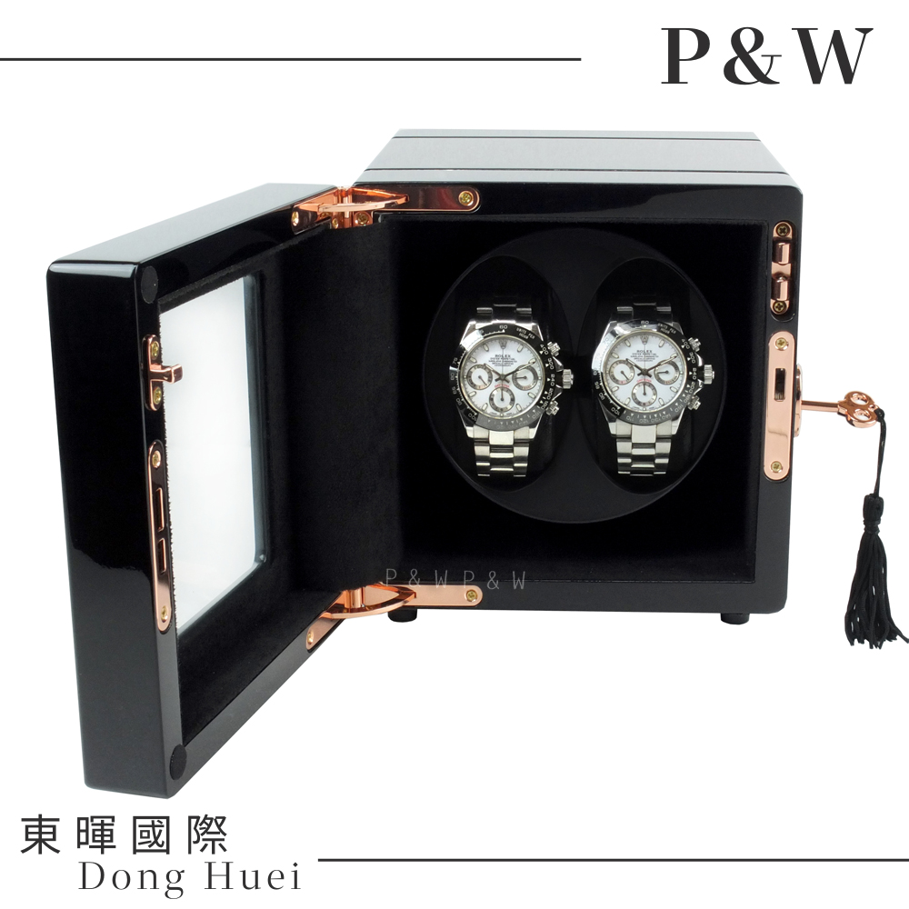 【P&W手錶上鍊盒】【玻璃鏡面】2支裝 5種轉速設定 矽膠錶枕【鋼琴烤漆】 機械錶專用 旋轉盒 錶盒
