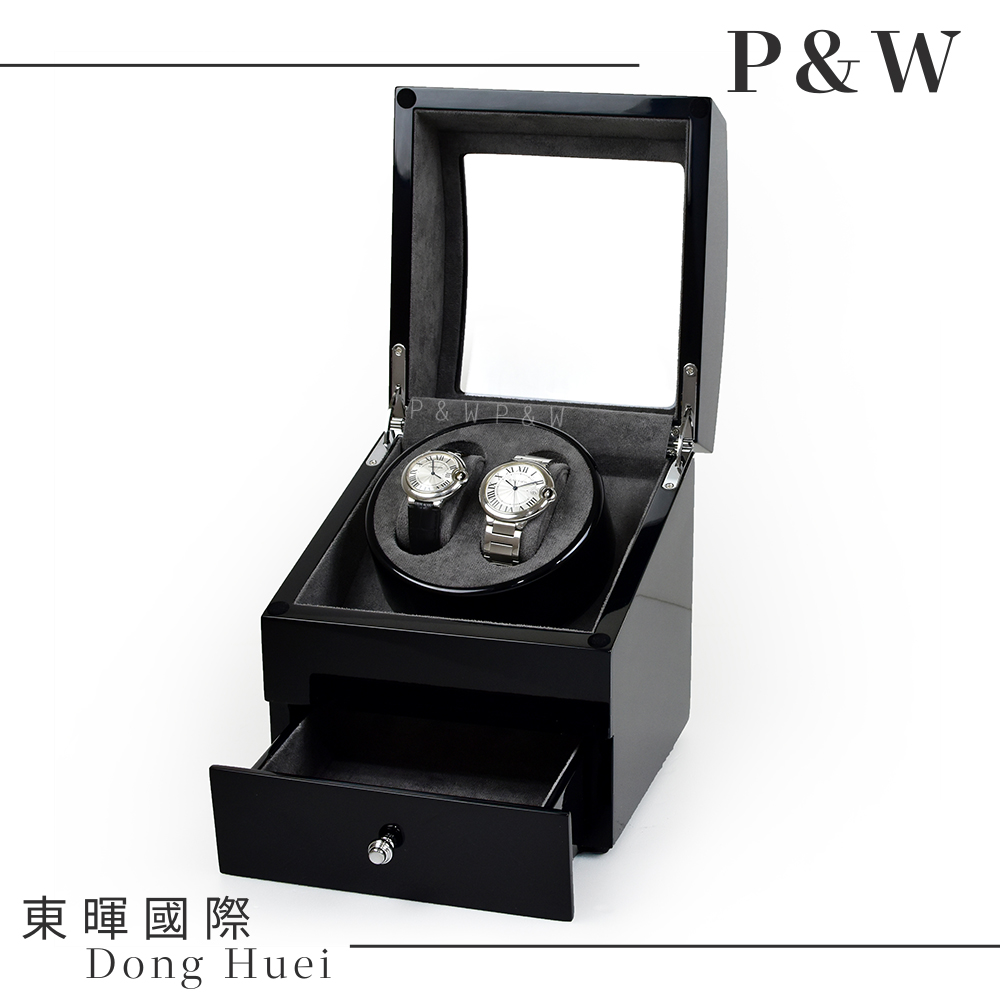 【P&W手錶自動上鍊盒】【玻璃鏡面】2支裝 5種轉速設定 【木質鋼琴烤漆】(手錶收藏盒、動力儲存盒)