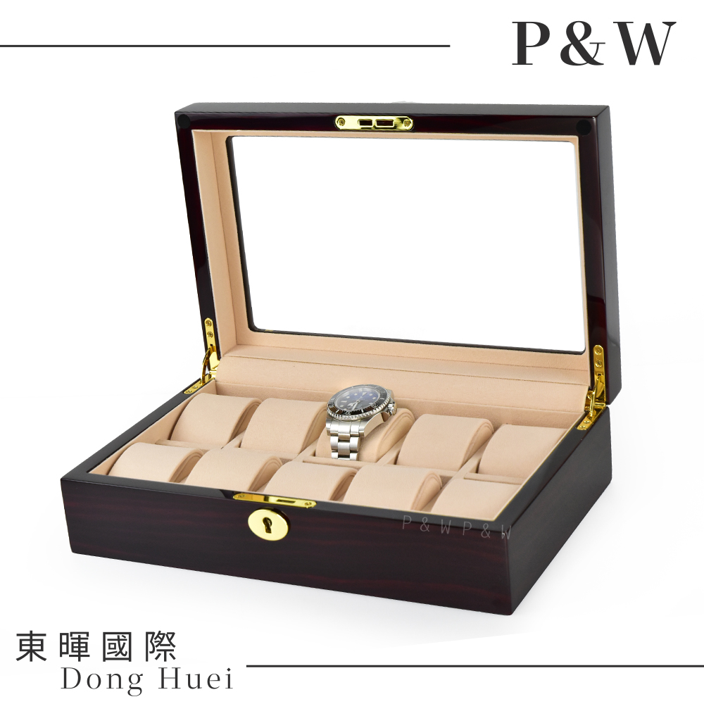 【P&W名錶收藏盒】【玻璃鏡面】 鋼琴烤漆 手工精品木盒 10只裝錶盒